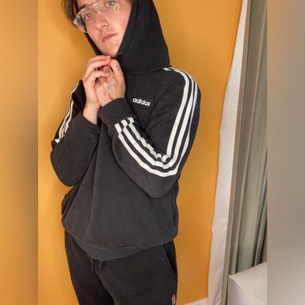 Adidas Black Hoodie with White Sleeve Stripes